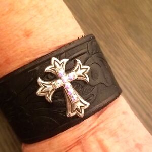 Black Hand Tooled Leather Bracelet with Silver Cross